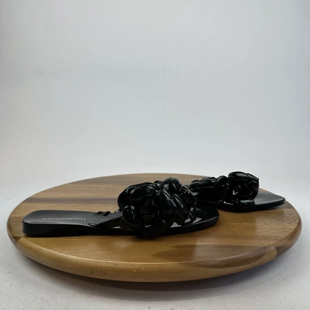 New Womens Jeffrey Campbell Floralee Black Matte Jelly Flip Flops Sandal Size 10